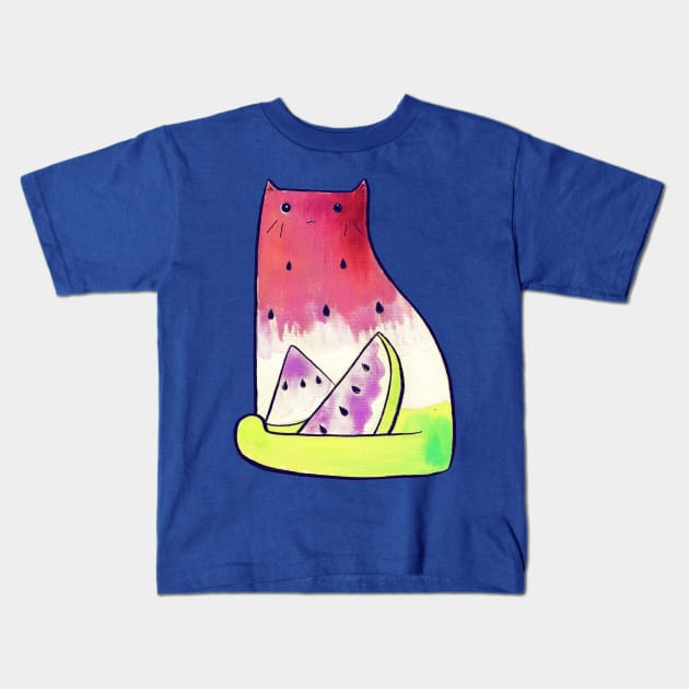 Watermelon Watercolor Cat Kids T-Shirt by saradaboru